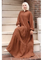 sefamerve فستان مطاطي بأكمام نصف زر 2074-01 أسمر