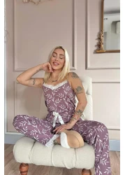 Pijamaevi طقم بيجامة نسائي محبوك بحزام حبل من الدانتيل باللون الأرجواني