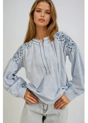 VAGGON Women's Blue Crew Neck Shoulders Embroidery Button Front Terry Cotton Blouse