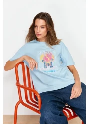  Collection Light Blue 100% Cotton Printed Relaxed/Wide Relaxed Cut Crew Neck Knitted T-Shirt TWOSS22TS1145