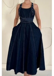 Elbee Fashion Woman Blue Midi Denim Dress - Banded