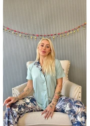 Pijamaevi Mint Florado Exclusive Front Buttoned Short Sleeve Women's Pajamas Set