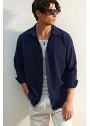  Collection Unisex Navy Blue Regular Fit Linen Look 100% Cotton Shirt - Tmnss23Go00099 Tmnss23Go00099