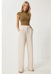 Happiness İstanbul بنطلون نسائي منسوج مريح بخصر كريمي وفيلكرو RV00150