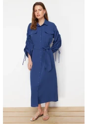  Modest Saks Cotton Shirt Dress with Adjustable Sleeves and Belted - TCTSS23EB00365