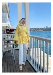 Aselim Hijap Moda Poplin Kimono -Scuba Pants Shirt Suit Yellow