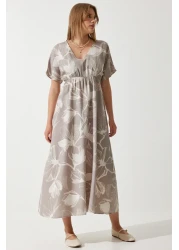 Happiness İstanbul فستان نسائي صيفي من الكتان الخام بنمط استوائي حجري BP00156