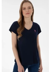 U.S. Polo Assn. تي شيرت نسائي أساسي برقبة على شكل حرف V باللون الأزرق الداكن 50305825 -vr033