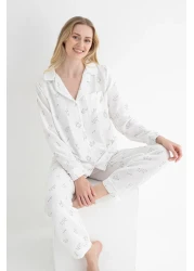 DOFİ طقم بيجامة نسائي من Dofi باللون الأبيض بأكمام طويلة وأزرار من قماش Aerobin