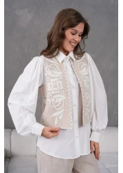 Miss Allos طقم سترة وبنطلون من الكتان للسيدات مع تطريز أمامي وخلفي باللؤلؤ والحجر