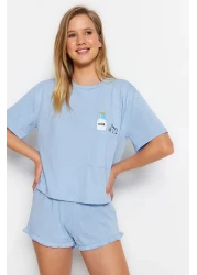  Collection Blue Cotton Ruffle Printed Shorts Knitted Pajamas Set Thmss22Pt0422
