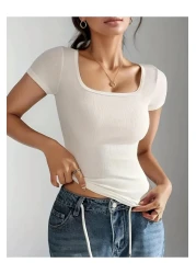 Wearflawless Square Neck Short Sleeve Cotton Twill White Blouse