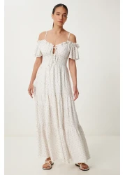Lovelyİstanbul Patterned Strappy Ruffled Long Summer Viscose Dress Ecru Murdum Lub0112