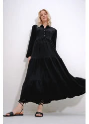 Trend Alaçatı Stili Women's Black High Collar Buttoned Front Layered Flounced Crinkle Dress ALC-X12050