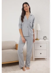  Collection Cotton Gray Printed Pajamas Set - Piping and Pocket Detail Thmaw22Pt0785