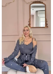 Pijamaevi Anthracite Sunlit Patterned Bamboo Women's Pajama Set with Dressing Gown