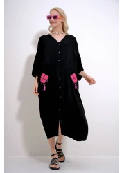 Trend Alaçatı Stili Women's Black V-Neck Back and Pockets Embroidered Buttoned Front Woven Viscose Dress ALC-X12009