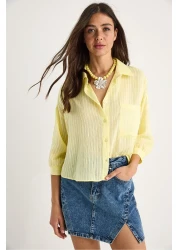 Bianco Lucci Women's Self Striped Half Sleeve Single Pocket Detailed Shirt 2108 60283328