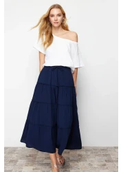  Collection Navy Blue Flared Maxi Length Woven Skirt with Gather Detail at Waist TWOSS24ET00098