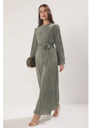  Modest Khaki Knitted Textured Fabric Tie-Up Long Dress Tctss25Eb00125