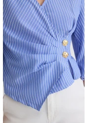  Collection Blue Double Breasted Striped Woven Blouse Twoss25Bz00170