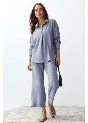  Collection طقم بلوزة وبنطلون رمادي منسوج - أزرار، TWOSS24AU00108