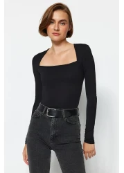  Collection Black Cotton Stretchy Square Neck Fitted Blouse TWOAW24BZ00165