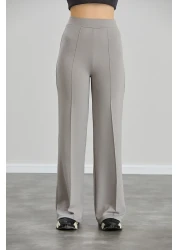 Alos بنطال نسائي رمادي فضفاض واسع الساق مخطط بخصر عالٍ وناعم ومطاط من الليكرا