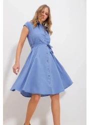 Trend Alaçatı Stili Women's Blue Sleeveless Linen Woven Shirt Dress ALC-X6056