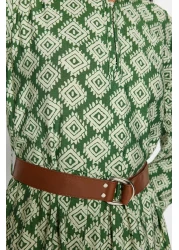  Modest Green Belted Skirt Flounced Flower Patterned Lined Woven Dress TCTSS23EB00111