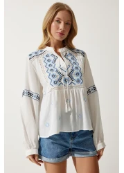 Happiness İstanbul بلوزة نسائية منسوجة مطرزة باللون الأبيض ES00162