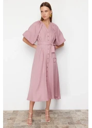  Modest Pink Belted Half Balloon Sleeve Linen Look Woven Shirt Dress TCTSS24EB00014