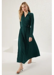  Modest Emerald Green Double Breasted Neckline Pleated Accessory Detail Knitted Dress Tctaw25Eb00138