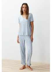  Collection Colorful Floral Pattern and Ruffle Knitted Pajamas Set - Blue THMSS24PT00232