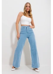 Trend Alaçatı Stili بنطال نسائي من قماش الدنيم باللون الأزرق الجليدي بخمسة جيوب من الليكرا بالازو Alc-X11757