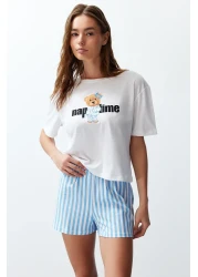  Collection White Striped 100% Cotton Sleepwear Set with Shorts - Women's Couple Thmss24Pt00175