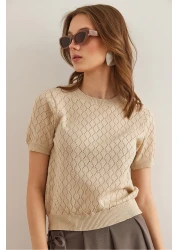 Olalook بلوزة تريكو نسائية بأكمام قصيرة منقوشة بأحجار الراين BLZ- 19002883