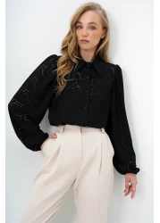 Trend Alaçatı Stili قميص نسائي منسوج بأكمام الأميرة باللون الأسود ALC-X4366