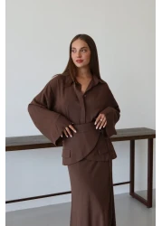 Laluvia Brown Skirt Belted Skirt Shirt Suit - 8763