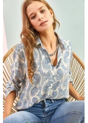 Bianco Lucci قميص فيسكوز نسائي مطوي وأكمام منقوشة بأوراق متعددة