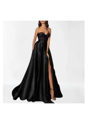 NSM Women's Elegant Black Slit Detailed Satin A-line Pleated Skirt