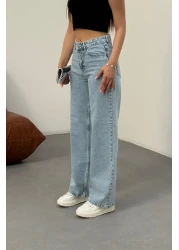 BİKELİFE بنطال جينز نسائي أزرق فاتح عالي الخصر من الليكرا قابل للتمدد وواسع الساق