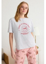  Collection Gray Slogan Printed 100% Cotton Knitted Pajamas Set - Thmss25Pt00162