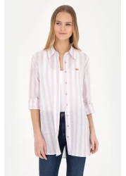 U.S. Polo Assn. قميص نسائي ذو مظهر كتان أرجواني - كم طويل50288408-VR034