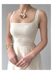 Julidress Beige Embossed Floral Patterned Lined Strap Midi Long Length Premium Linen Dress