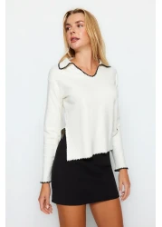  Collection Ecru Crochet Embroidery Detailed Corded Shirt Collar Regular Fit Knitted Blouse TWOAW24BZ00398