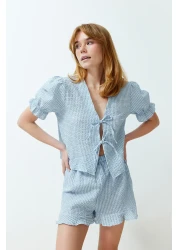  Collection Blue Textured Gingham Lacing/Ribbon/Bow Detailed Shorts Woven Pajamas Set Thmss24Pt00149