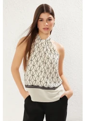  Collection Multicolor Satin Halter Neck Pattern Woven Blouse Twoss25Bz00163