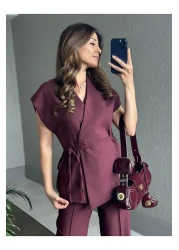 Forlady4 مجموعة سترة وسروال بتصميم بورجوندي للنساء