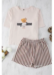  Collection طقم بيجامة نسائي مزدوج اللون - 100% قطن، شورت مخطط مع دمية دب، THMSS24PT00175